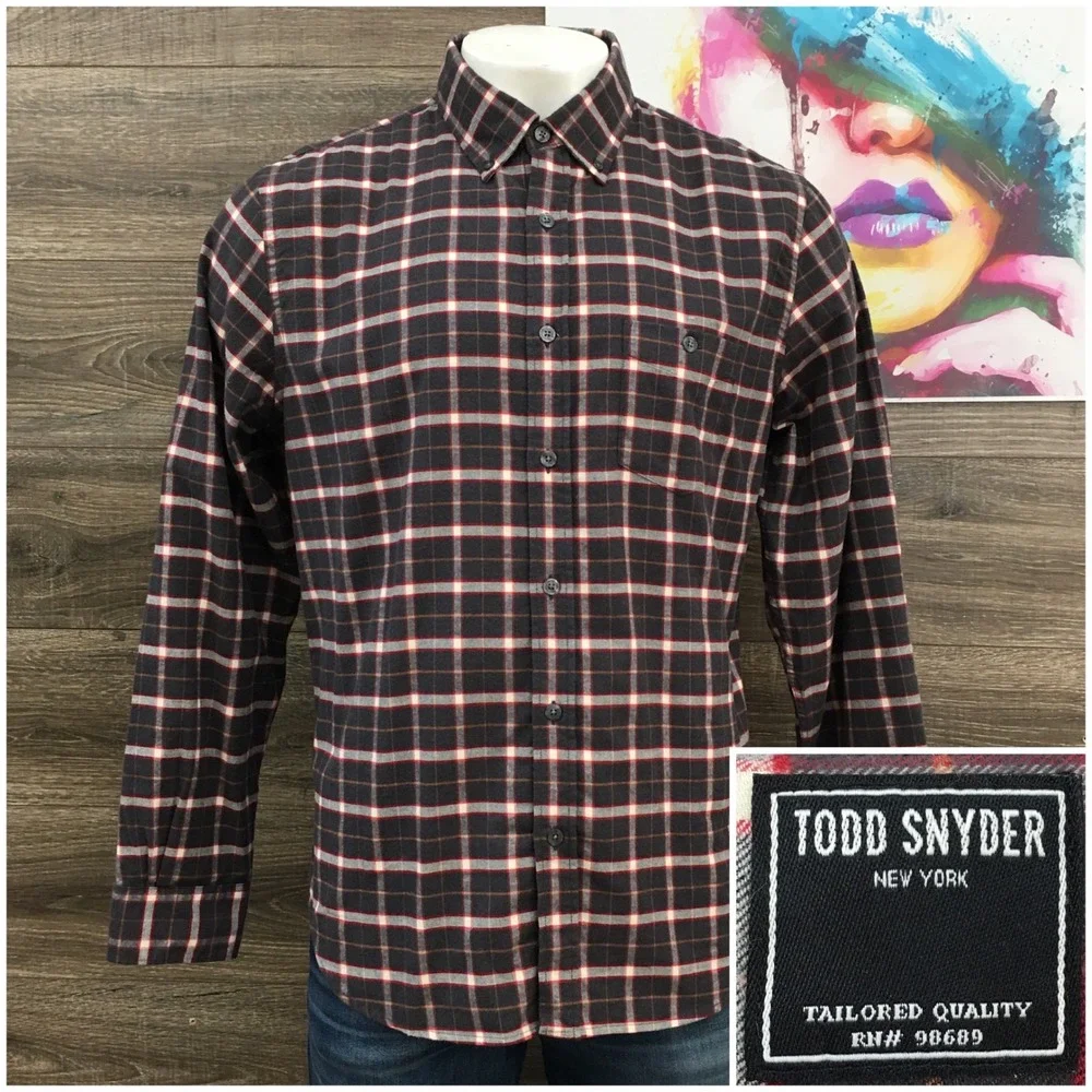 Todd Snyder Mens XL Flannel Shirt Gray Red Plaid Cotton Button Down Long Sleeve